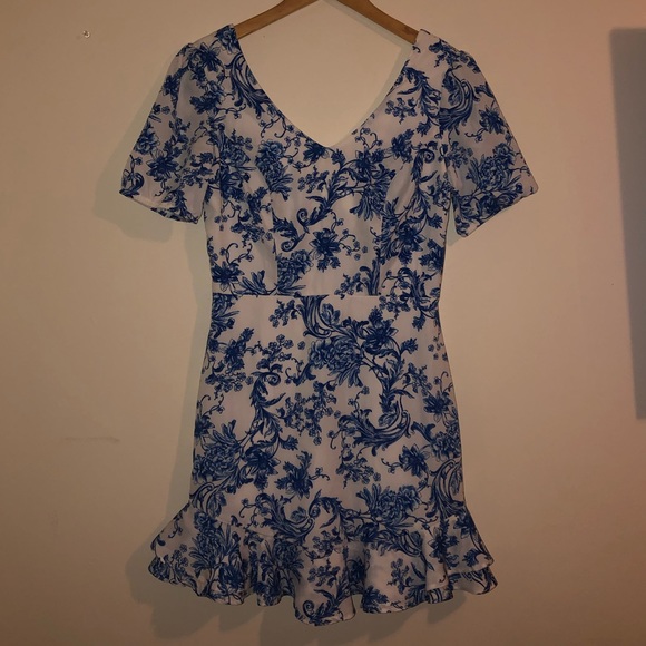 City Studio Puff Sleeve Blue And White Floral Print Dress Size 7 - Picture 3 of 7